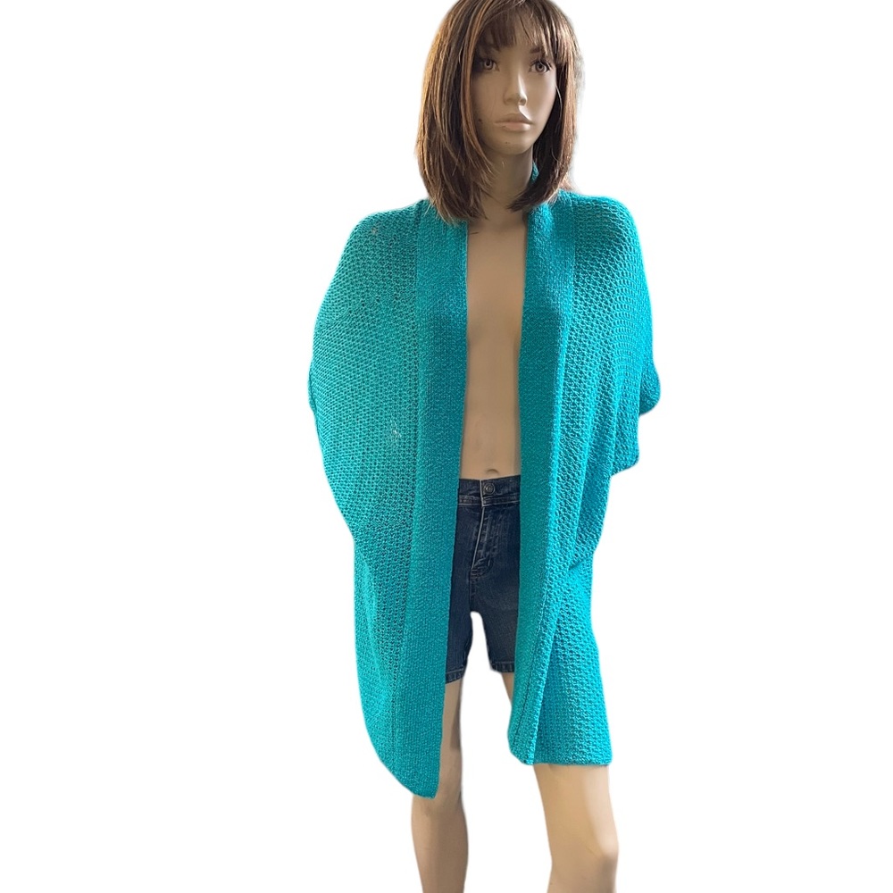 Chico’s Aqua Blue Sleeved Crochet Knit Shawl Wrap Cape Sweater Size Small/Medium - Picture 3 of 7